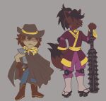 ambiguous_gender anonymous_artist anthro asian_clothing black_hair canid canine clothed clothing clover_(undertale_yellow) cowboy_hat deltarune duo east_asian_clothing female fox hair hat headgear headwear human japanese_clothing kanako_(undertale_yellow) kimono mammal undertale_(series) undertale_yellow weapon