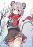  1girl animal_ears ass black_skirt black_vest blush closed_mouth cowboy_shot grey_hair hair_between_eyes jewelry long_sleeves mittens mouse_ears mouse_tail nazrin niko_kusa pendant red_eyes red_mittens red_scarf scarf shirt short_hair signature skirt smile solo tail touhou vest white_shirt 
