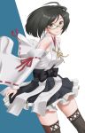  1girl bare_shoulders black_eyes black_hair black_legwear bow detached_sleeves frilled_skirt frills from_side green-framed_eyewear highres kantai_collection kirishima_(kantai_collection) looking_at_viewer nontraditional_miko semi-rimless_eyewear skirt smile solo t2r thighhighs wide_sleeves 
