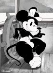 absurd_res anthro balls big_balls big_butt big_penis black_body black_fur black_nose butt clothed clothing covenantrt_(artist) detailed_background disney entering_public_domain footwear fur genitals hi_res huge_balls huge_butt huge_penis humanoid male mammal mickey_mouse mouse murid murine one_eye_closed penis rodent rodent_tail shaded shoes simple_shading smile solo steamboat_willie text