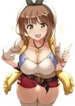  1girl atelier_(series) atelier_ryza bangs bare_shoulders belt breasts brown_belt brown_eyes brown_hair cleavage collarbone detached_sleeves eyebrows_visible_through_hair foreshortening hair_ornament hairclip hand_on_hip hand_up hanging_breasts highres index_finger_raised jewelry kibihimi large_breasts leaning_forward looking_at_viewer necklace open_mouth red_shorts reisalin_stout shiny shiny_hair short_shorts shorts solo sparkle star_(symbol) star_necklace thigh_gap thighhighs thighs upper_teeth white_background white_headwear white_legwear 