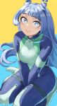  1girl between_legs blue_bodysuit blue_eyes blue_hair bodysuit boku_no_hero_academia closed_mouth drill_hair fengling_(furin-jp) green_bodysuit hadou_nejire hand_between_legs highres long_hair looking_at_viewer multicolored_bodysuit multicolored_clothes seiza sitting smile solo superhero twin_drills v_arms 