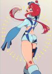  1girl ass blue_eyes blue_footwear blue_gloves crop_top gloves grey_background highres looking_at_viewer midriff open_mouth pokemon pokemon_bw red_hair renji_(re_lv0) short_shorts shorts skyla_(pokemon) smile solo thigh_pouch 
