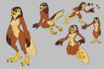  2017 anthro avian beak bird breasts brown_body brown_feathers butt falcon falconid feathers featureless_breasts female front_view genitals grey_background kneeling layl_(siroc) multiple_poses non-mammal_breasts pose pussy rear_view simple_background siroc solo standing tail_feathers tan_body tan_feathers 