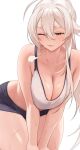  1girl ahoge bare_shoulders black_shorts blush breasts brown_eyes cleavage highres iwbitu large_breasts leaning_forward long_hair nyopu one_eye_closed original parted_lips ponytail short_shorts shorts sidelocks smile solo sports_bra thick_thighs thighs white_hair white_sports_bra 