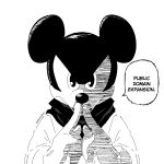  1boy animal_ears animal_nose artist_name bagelsforall commentary disney english_commentary english_text highres jujutsu_kaisen mickey_mouse mouse_boy mouse_ears parody robe simple_background solo speech_bubble upper_body white_background 