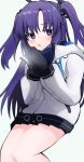  1girl black_halo blue_archive blue_eyes cold halo highres jacket long_hair long_sleeves looking_at_viewer purple_eyes solo thighs two_side_up white_jacket yun_(kbdenz9) yuuka_(blue_archive) 