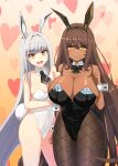  2girls 777_(nikke) absurdres animal_ears ascot black_ascot black_bow black_bowtie black_leotard black_pantyhose blanc_(nikke) bow bowtie breasts brown_hair cleavage closed_mouth commentary_request dark-skinned_female dark_skin detached_collar fake_animal_ears fake_tail fang fishnet_pantyhose fishnets goddess_of_victory:_nikke hair_intakes heart heart_background highres large_breasts leotard long_hair looking_at_viewer marimo_maru medium_breasts multiple_girls noir_(nikke) open_mouth pantyhose playboy_bunny rabbit_ears rabbit_tail siblings sisters skin_fang smile tail very_long_hair white_hair white_leotard wrist_cuffs yellow_eyes 