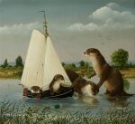  animal_focus boat bug cloud cloudy_sky commentary_request commission dated dragonfly dutch_commentary nature no_humans original otter outdoors painting_(medium) realistic scenery sky suzan_visser traditional_media wading water watercraft 