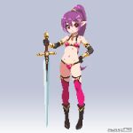  1girl armor bikini_armor boots full_body gloves high_ponytail long_hair mabius navel original pixel_art pointy_ears purple_hair red_eyes standing sword thighhighs very_long_hair weapon 