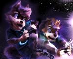  absurd_res anthro canid canine canis clothed clothing controller cosmic_background duo duo_focus footwear fox fully_clothed fur group hi_res koen_the_fox male mammal multicolored_body multicolored_fur shoes teradex wolf 