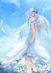  1girl absurdres alternate_costume amane_kanata angel angel_wings blue_sky commentary_request dress enokinoko1010 field flower flower_field hair_ornament hairpin halo highres hololive long_hair looking_at_viewer purple_eyes sky smile solo star_halo virtual_youtuber white_dress white_flower wings 