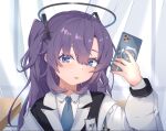  1girl 8_nana_usagi blue_archive blue_eyes blue_necktie cellphone collared_shirt hair_between_eyes halo highres holding holding_phone id_card jacket long_hair long_sleeves looking_at_viewer mechanical_halo necktie phone purple_hair shirt smartphone solo suit tongue tongue_out two_side_up upper_body white_jacket white_shirt yuuka_(blue_archive) 