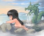  1girl black_hair breasts cloud cloudy_sky commentary dragon eastern_dragon fountain from_side landscape long_hair looking_to_the_side masuki nude onsen original outdoors partially_submerged rock scenery sideboob sky solo steam upper_body water 