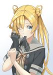  1girl abukuma_(kantai_collection) bangs black_gloves blonde_hair blue_eyes buttons commentary double_bun fingerless_gloves gloves grey_sailor_collar hair_between_eyes hair_rings highres kantai_collection long_hair looking_at_viewer mouth_hold neck_ribbon negahami one_eye_closed red_neckwear red_ribbon remodel_(kantai_collection) ribbon sailor_collar school_uniform serafuku short_sleeves solo twintails 