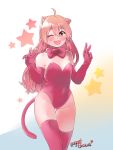  3:4 animal_humanoid anthro arm_warmers armwear blush breasts cat_humanoid clothing curvy_figure domestic_cat felid felid_humanoid feline feline_humanoid felis female hair hi_res humanoid legwear long_hair mammal mammal_humanoid nugget_draws one_eye_closed pink_clothing pink_hair ribbons simple_background small_breasts small_ears smile solo solo_focus star stockings 