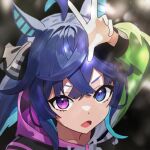  1girl @_@ ahoge animal_ears bakuran404 blue_eyes blue_hair heterochromia highres horse_ears horse_girl long_hair long_sleeves looking_at_viewer purple_eyes sidelocks solo twin_turbo_(umamusume) twintails umamusume upper_body 