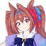  1girl animal_ears artist_name bow bowtie brown_hair closed_mouth daiwa_scarlet_(umamusume) hair_bow hair_intakes highres hori_shin horse_ears horse_girl horseshoe_ornament long_hair looking_at_viewer portrait puffy_short_sleeves puffy_sleeves purple_bow purple_bowtie purple_eyes purple_shirt red_bow sailor_collar school_uniform serafuku shirt short_sleeves signature smile solo tiara tracen_school_uniform twintails umamusume white_sailor_collar 