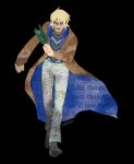  1boy ahoge artist_name asuka_ryou black_background black_footwear blonde_hair blue_coat blue_collar blue_eyes bottle broken_bottle brown_coat brown_sleeves buttons clenched_hand coat coattails collar collared_coat commentary denim devilman english_commentary full_body furrowed_brow glass_bottle green_sweater grin holding holding_bottle jeans long_sleeves looking_at_viewer male_focus open_clothes open_coat pants pocket shaded_face shoes short_hair simple_background smile solo striped striped_sweater sweater sweater_vest two-sided_coat two-sided_fabric v-shaped_eyebrows white_pants yutaan zig-zag_pattern 