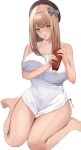 absurdres apron beret bottle bow breasts brown_hair cleavage elvandec emma_(nikke) feet food goddess_of_victory:_nikke hat highres holding holding_bottle ketchup large_breasts long_hair naked_apron parted_lips sidelocks sitting solo toes white_apron yellow_eyes 