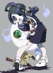  1boy ahoge allister_(pokemon) black_hair black_shirt black_shorts dusk_ball floating foreshortening full_body hitodama kneepits litwick looking_back male_focus mask mimikyu poke_ball poke_ball_(basic) pokemon pokemon_(creature) pokemon_swsh purple_eyes rakuchii_(rurituvo) shirt short_hair shorts socks standing white_footwear white_mask white_socks 