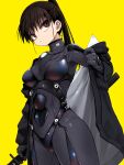  1girl black_bodysuit black_gloves black_hair black_jacket bodysuit breasts brown_eyes brown_hair character_request closed_mouth gloves highres holding holding_weapon jacket long_hair long_sleeves medium_breasts open_clothes open_jacket ponytail rai_rai_rai simple_background skin_tight solo weapon yachima_tana yellow_background 