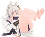  1girl animal_ears barefoot black_panties blue_eyes character_request copyright_request detached_sleeves feet feet_up fox_ears greek_toe highres japanese_clothes kahlua_(artist) kimono leg_up legs long_hair one_eye_closed panties silver_hair simple_background soles underwear white_background 