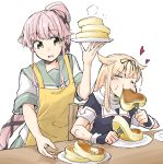  2girls bangs black_ribbon black_serafuku blonde_hair butter closed_eyes eating eyebrows_visible_through_hair food fork green_eyes grey_sailor_collar hair_flaps hair_ornament hair_ribbon hairclip heart holding holding_fork holding_plate kantai_collection long_hair multiple_girls open_mouth pancake pink_hair plate ponytail remodel_(kantai_collection) ribbon rindou_(rindou_annon) sailor_collar scarf school_uniform serafuku shirt short_sleeves simple_background smile stack_of_pancakes very_long_hair white_background white_sailor_collar white_scarf white_shirt yura_(kantai_collection) yuudachi_(kantai_collection) 