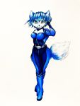  3:4 anthro belt blue_body blue_fur blue_hair breasts canid canine claws clothing eyebrows female fingers fox fur gem green_eyes hair jewelry krystal looking_at_viewer mammal nintendo nyankogum short_hair smile star_fox suit thick_thighs video_games white_body white_fur 