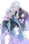  belt black_gloves blue_eyes brothers closed_eyes coat dante_(devil_may_cry) devil_may_cry_(series) devil_may_cry_2 devil_may_cry_5 flower gloves hair_down hair_over_one_eye holding long_hair male_focus multiple_boys purple_flower red_coat siblings simple_background vergil_(devil_may_cry) weapon weapon_on_back white_hair 