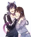  1boy 1girl :d :t animal_ears black_hair black_jacket blue_eyes brown_hair cat_ears cat_tail cheek_squash commentary_request cowboy_shot dated hair_between_eyes hand_on_another&#039;s_face hand_on_another&#039;s_waist highres holding_hands iki_hiyori jacket jyukawa kemonomimi_mode long_hair long_sleeves looking_at_viewer navel noragami one_eye_closed open_mouth pink_eyes purple_jacket purple_skirt shirt short_hair side-by-side signature simple_background skirt slit_pupils smile standing tail track_jacket white_background white_shirt yato_(noragami) 