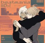  2boys barcode beatmania_iidx brothers character_name closed_eyes commentary_request copyright_name dark-skinned_male dark_skin dated english_text ereki_(beatmania) folded_ponytail greyscale_with_colored_background grin hair_between_eyes high_ponytail holding_hands long_bangs long_sleeves looking_at_another looking_to_the_side male_focus maoh_(aburaage0528) multiple_boys orange_background shilow shirt short_hair siblings smile upper_body 