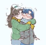  2girls bishoujo_senshi_sailor_moon blue_hair brown_hair earrings glasses green_jacket hug hug_from_behind jacket jewelry kino_makoto mizuno_ami multiple_girls short_hair simple_background ticcy white_background yuri 