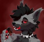 2023 anthro artist_name black_body black_fur black_nose candy canid canine collar dessert digital_media_(artwork) fangs food fur grey_body grey_fur hi_res holding_candy holding_food holding_lollipop holding_object licking licking_lips licking_own_lips lollipop looking_at_viewer male mammal pawpads red_background red_pawpads simple_background solo spiked_collar spikes spraykitty teeth tongue tongue_out