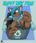 2023 4_toes anthro barefoot blue_hair bodily_fluids canid canine canis domestic_dog feet hair hi_res holidays humanoid_feet introvertedpooch male mammal new_year plantigrade recycling_symbol simple_background soles solo sweat sweatdrop toes trash_can