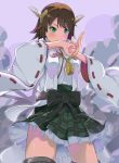  1girl blush bow breasts brown_hair fist_in_hand frilled_skirt frills from_below green_eyes hiei_(kantai_collection) highres kantai_collection medium_breasts nontraditional_miko plaid plaid_skirt purple_background short_hair skirt solo takashi_(nougyou) thighhighs wide_sleeves zettai_ryouiki 