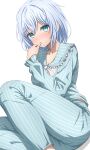  1girl absurdres aqua_eyes bang_dream! blue_pajamas blue_pants blue_shirt blush bow bowtie breasts cleavage closed_mouth commentary feet_out_of_frame finger_to_mouth frilled_shirt_collar frills grey_hair hair_between_eyes hand_up highres knee_up kurata_mashiro looking_at_viewer medium_breasts medium_hair midriff_peek nose_blush noshimurin pajamas pants raised_eyebrows shirt simple_background sitting solo striped striped_pajamas striped_pants striped_shirt white_background white_bow white_bowtie 