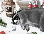  1other absurdres animal artist_self-reference beer_bottle beer_can can cup_noodle drink_can glass highres original raccoon sleeping trashpanda_11b 