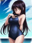  1girl black_hair blue_sky blue_swimsuit breasts cloud commentary_request competition_school_swimsuit copyright_request cowboy_shot day horizon large_breasts long_hair looking_at_viewer ocean outdoors rohitsuka school_swimsuit sky solo swimsuit yellow_eyes 