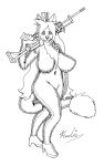  absurd_res anthro big_breasts black_and_white bodysuit breasts canid clothing curvaceous curvy_figure female footwear gun hi_res high_heels huge_breasts looking_at_viewer mammal monochrome ranged_weapon realius rifle shoes simple_background skinsuit solo standing tight_clothing voluptuous weapon 