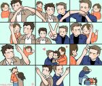  angel antlers aqua_background beard_stubble black_wings blue_eyes blue_jacket boy_sandwich brothers brown_hair casburger castiel checkered_clothes checkered_shirt clothes_grab coat couple covering_face dean_winchester english_commentary fetal_position full_body green_eyes heart hug hug_from_behind jacket kicking kiss kissing_cheek korean_commentary lifting_person looking_at_viewer male_focus middle_finger moose_boy multiple_views photobomb raised_eyebrow sam_winchester sandwiched shirt short_hair siblings side-by-side simple_background smile supernatural_(tv_series) trench_coat upper_body v wings yaoi 