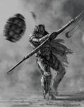  1boy armor brotherhood_of_steel cape clenched_hand cloak explosive fake_horns fallout_(series) grenade greyscale helmet horned_helmet horns looking_at_viewer monochrome power_armor rotaken sling_(weapon) staff 