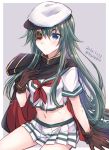  1girl alternate_hair_length alternate_hairstyle blue_eyes border cape commentary_request cowboy_shot eyepatch green_hair grey_background hat kabocha_torute kantai_collection kiso_(kantai_collection) long_hair looking_at_viewer midriff navel neckerchief pleated_skirt red_neckwear remodel_(kantai_collection) sailor_hat school_uniform serafuku single_pauldron sitting skirt solo two-tone_background white_border white_skirt 