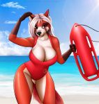  anthro breasts canid canine cleavage clothed clothing female fox hair hi_res lifeguard mammal paintchaser sea solo swimwear water 