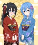  2girls absurdres bag bellezza_felutia black_hair blue_eyes blue_hair blue_kimono blush braid closed_mouth commentary dragon felutiahime floral_print_kimono flower hair_flower hair_ornament highres holding holding_bag hololive hoshimachi_suisei japanese_clothes kimono multiple_girls obi open_mouth original red_kimono sash smile star_(symbol) star_in_eye sweatdrop symbol_in_eye tassel twin_braids virtual_youtuber 