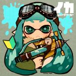  1girl 73_(naa) :&lt; blue_hair closed_mouth dated diamond_in_eye dot_nose goggles goggles_on_head green_jacket grey_background gun holding holding_gun holding_weapon inkling inkling_(language) inkling_girl jacket long_hair looking_at_viewer signature solo splash-o-matic_(splatoon) splatoon_(series) splatter tentacle_hair weapon 