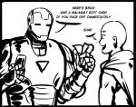  2boys armor bald cape english_commentary english_text gloves greyscale helmet iron_man iron_man_(series) male_focus marvel money monochrome multiple_boys one-punch_man open_mouth power_armor profanity redblacktac saitama_(one-punch_man) short_hair smile superhero 