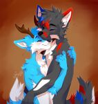 2023 anthro black_body black_fur blue_body blue_fur blush canid canine canis digital_media_(artwork) dipstick_tail duo embrace fox fur head_tuft hi_res hug male mammal markings red_body red_fur signature simple_background spraykitty tail tail_markings tuft white_body white_fur wolf