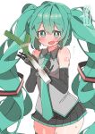  1girl absurdres aqua_eyes aqua_hair aqua_necktie aqua_skirt ass_visible_through_thighs black_sleeves blush breasts bright_pupils commentary commentary_request curvy food good_thighs_day grey_shirt hashtag_only_commentary hatsune_miku highres holding holding_food holding_spring_onion holding_vegetable long_hair miniskirt necktie open_mouth shirt skindentation skirt small_breasts smile solo spring_onion sweat sweatdrop thick_thighs thighs translation_request twintails two-tone_ribbon uruti_2388 vegetable very_long_hair vocaloid white_background white_pupils wide_hips zettai_ryouiki 