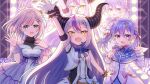  3girls :d arms_up black_socks blue_eyes blue_hair braid collared_shirt commentary_request demon_horns double-parted_bangs dress fang french_braid grey_hair headpiece holding holding_microphone hololive hololive_idol_uniform horns kaga_sumire la+_darknesss long_hair long_hair_between_eyes looking_at_viewer medium_hair microphone multicolored_hair multiple_girls negodon nijisanji off-shoulder_dress off_shoulder open_mouth projected_inset purple_hair shirt short_hair skin_fang smile socks stage streaked_hair twintails waving white_dress yuuki_chihiro 